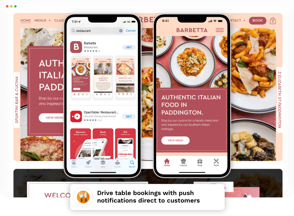 A Mobile app for your restaurant - the Barbetta mobile app that is a sample of Website2App output