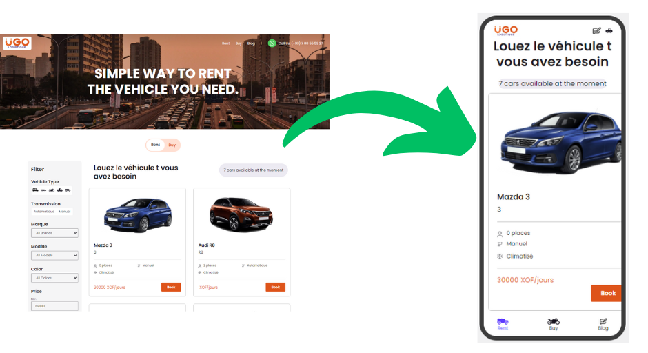 Convert Website to App hero image. It is a picture of a car rental website being converted into a mobile app