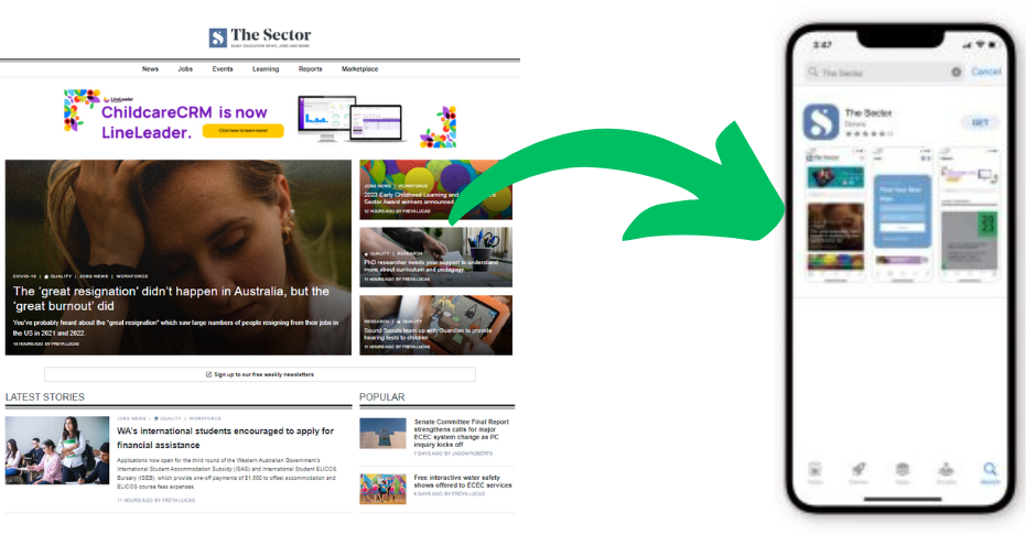 Convert Your site to mobile - picture of the Sector Website, and a green 'conversion arrow' pointing to their mobile app